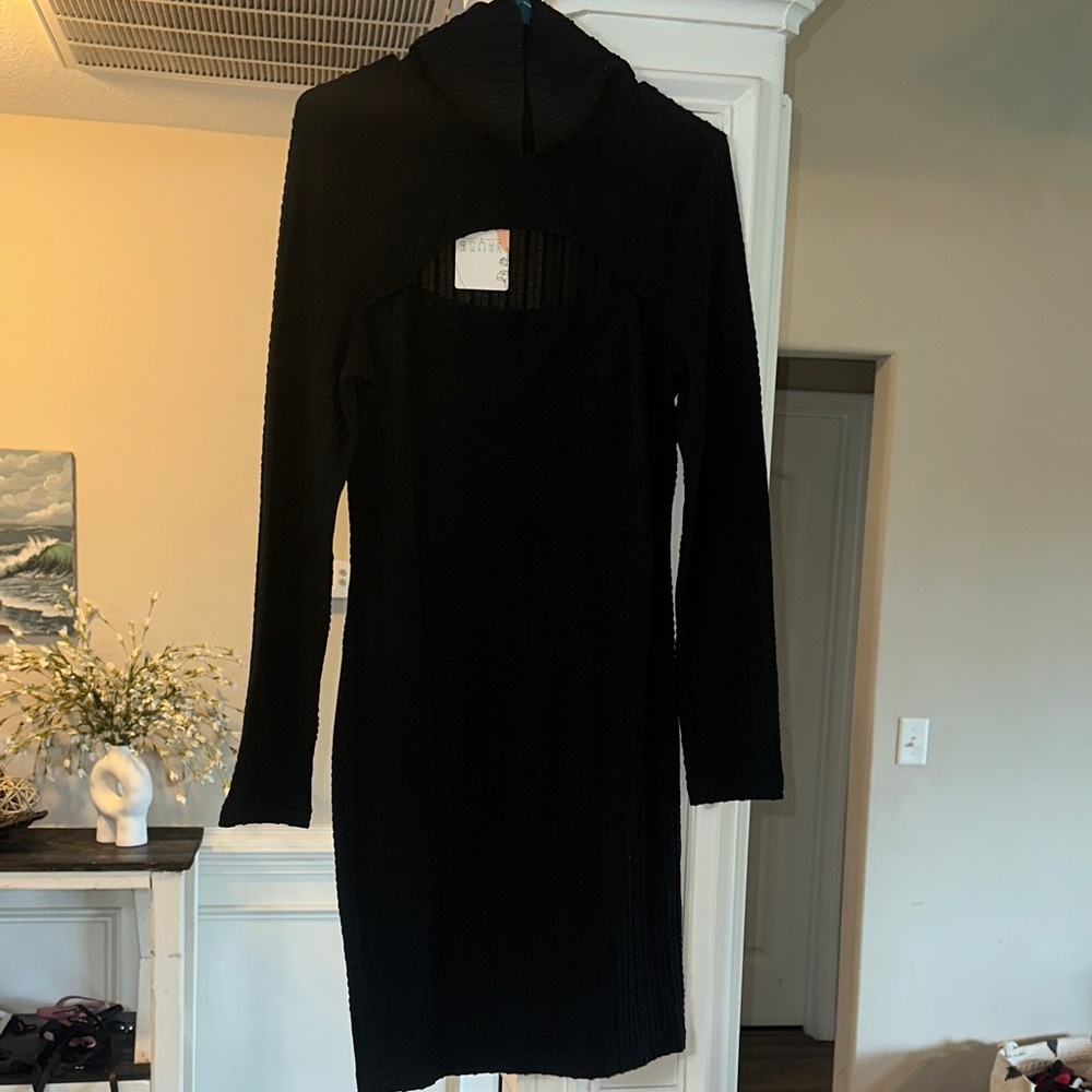 Women's Black Ribbed Long Sleeve Dress